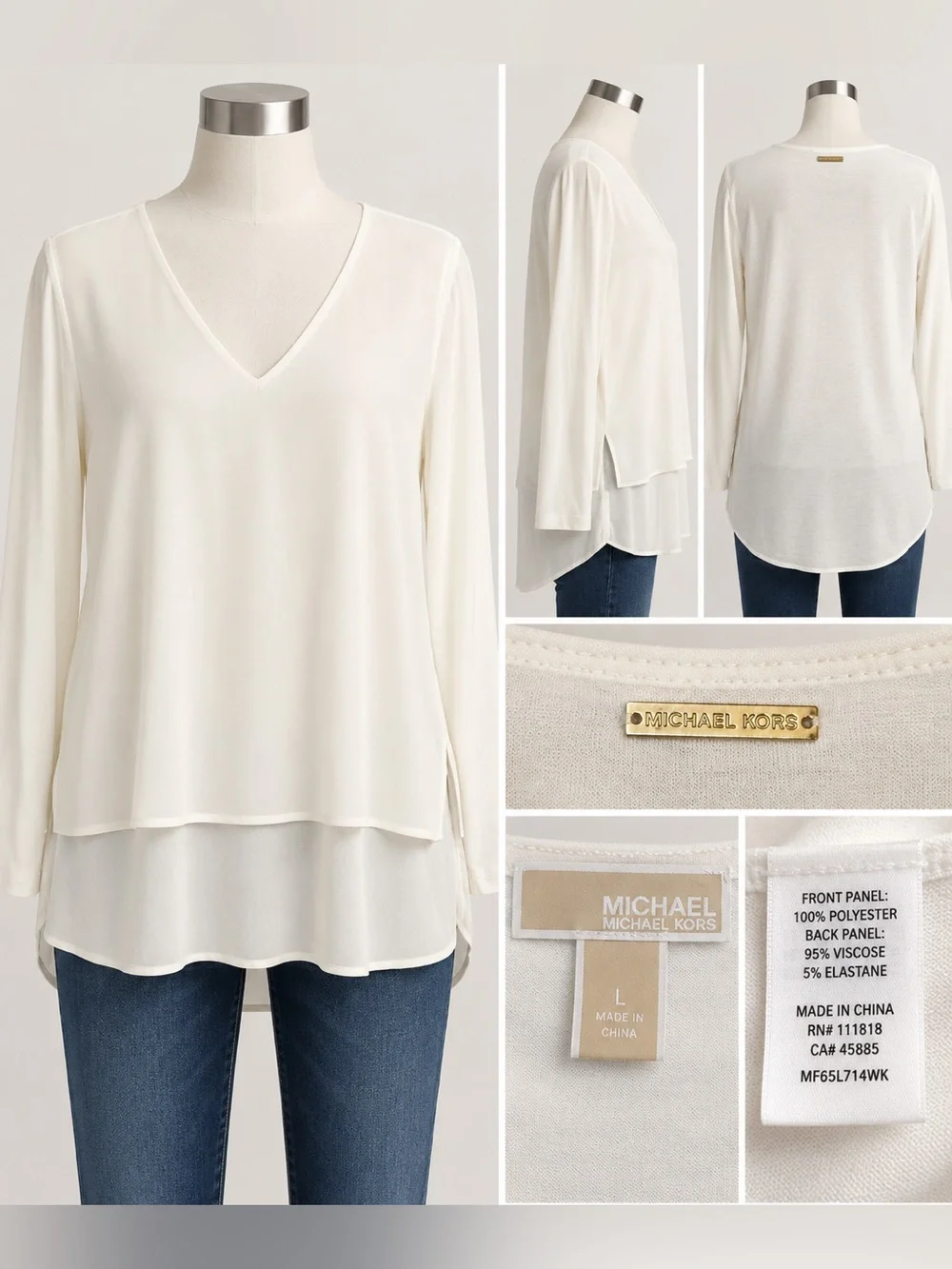 Michael Kors Women’s Large Ivory Layered V Neck High Low Tunic Blouse